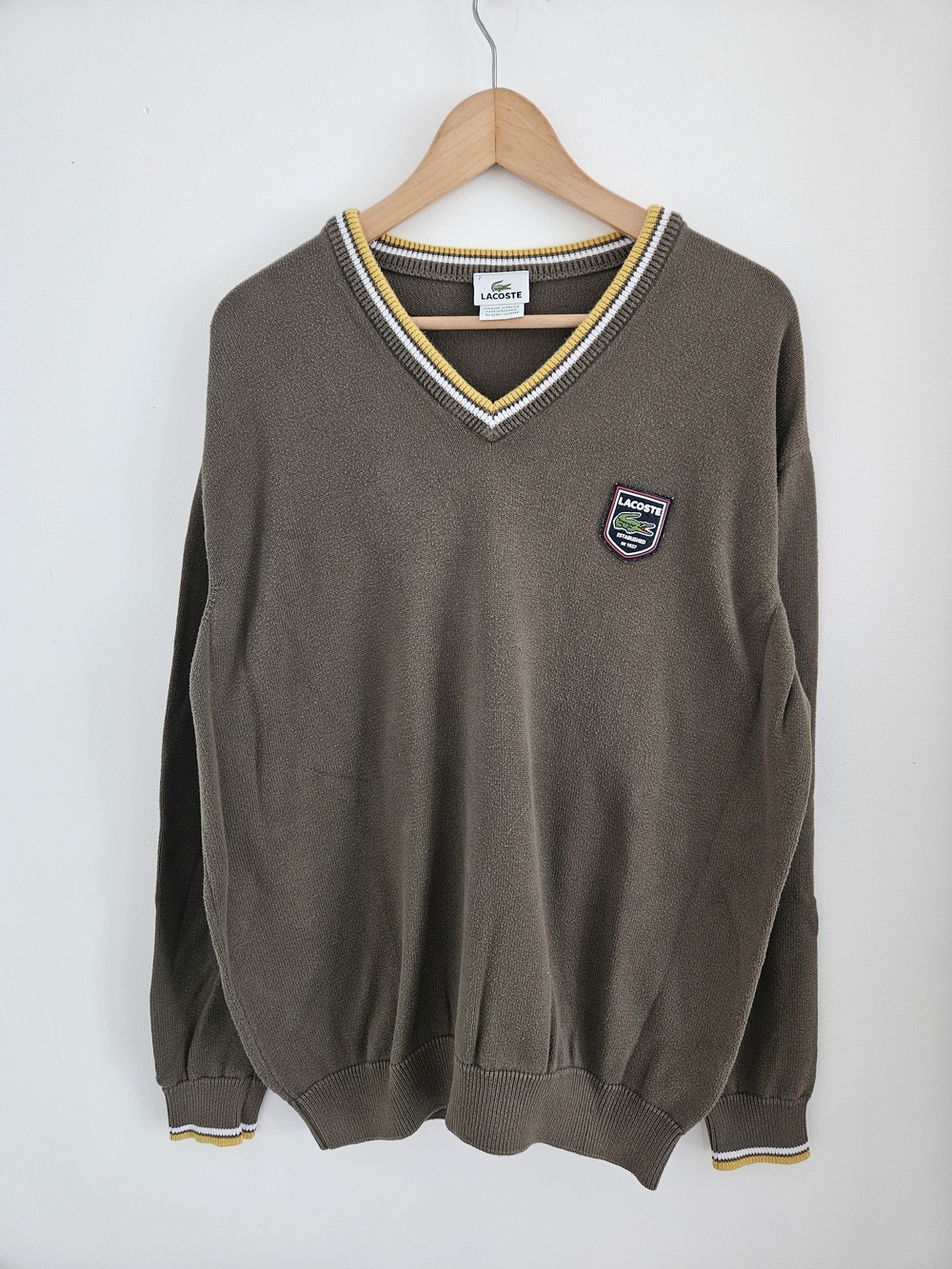 Lacoste Olive Green V-Neck Sweater Mens 2XL Yellow Trim